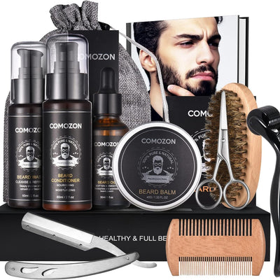 Kit Barbe Homme Complet 12 En 1, Kit De Soin Barbe Homme Avec Rouleau Barbe Contenir Huile Barbe, Shampoing Barbe,Crèmes De Barbe, Peigne Barbe,Ciseaux Barbe,Brosse À Barbe, Rasoir, 10 Lames Barbe